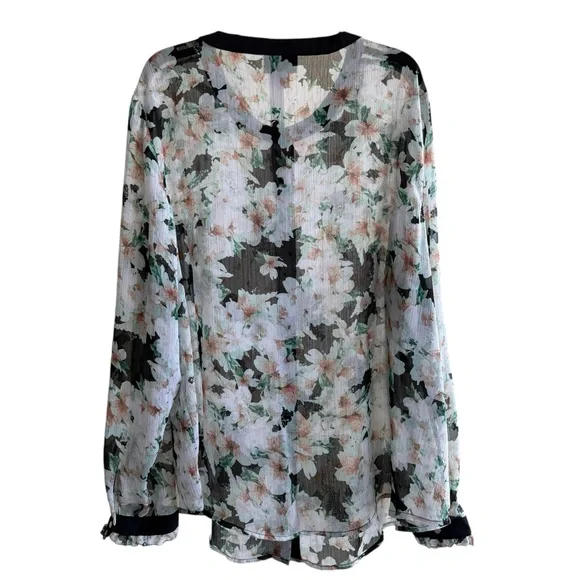 Liz Claiborne Plus Size 14W 0X Sheer Floral Long Sleeve Button Down Career Top - Picture 3 of 9